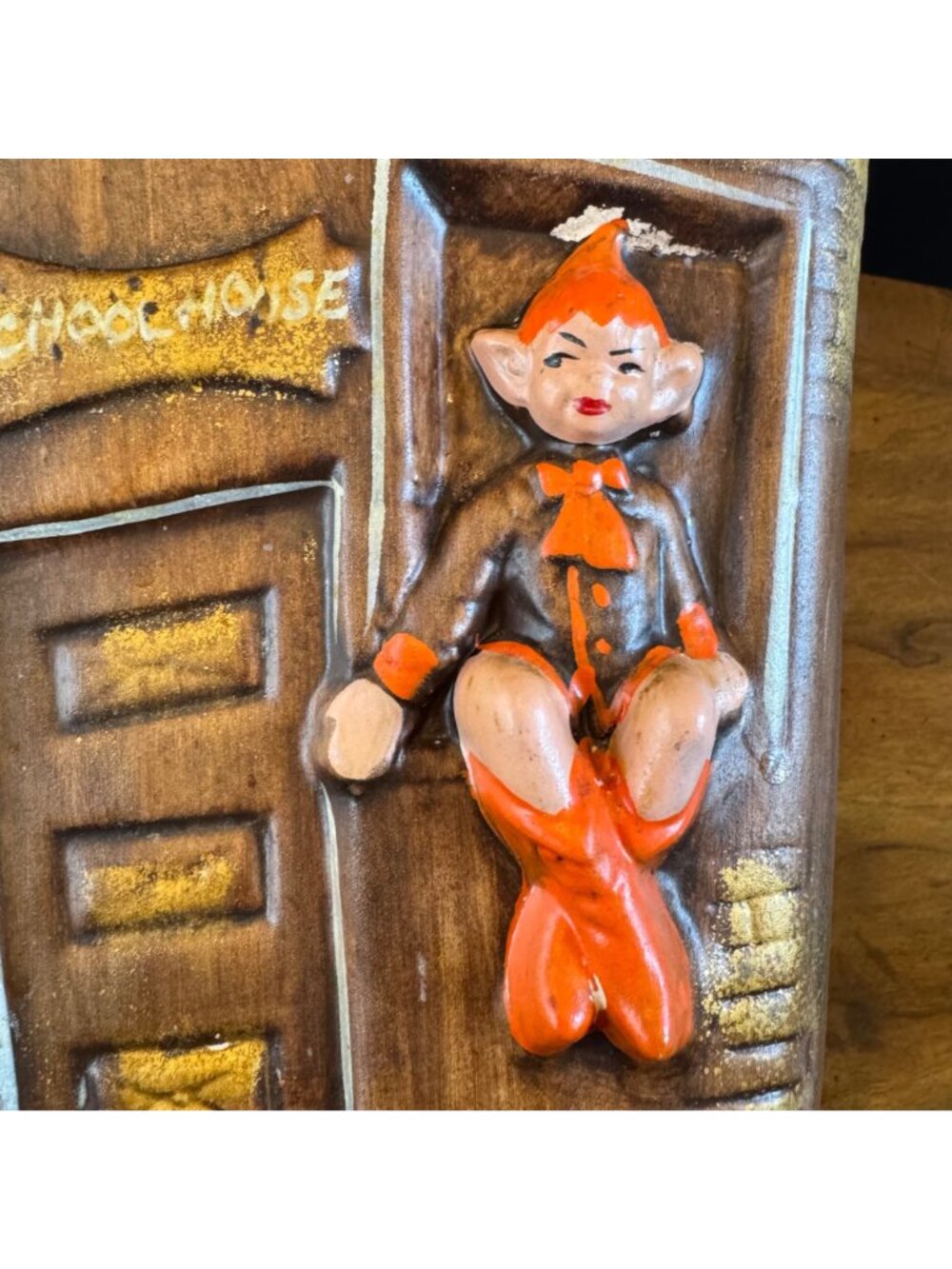Vintage 1970s Gilner Pixie Elf School House Cottage Cookie Jar Orange Brown - Picture 14 of 16